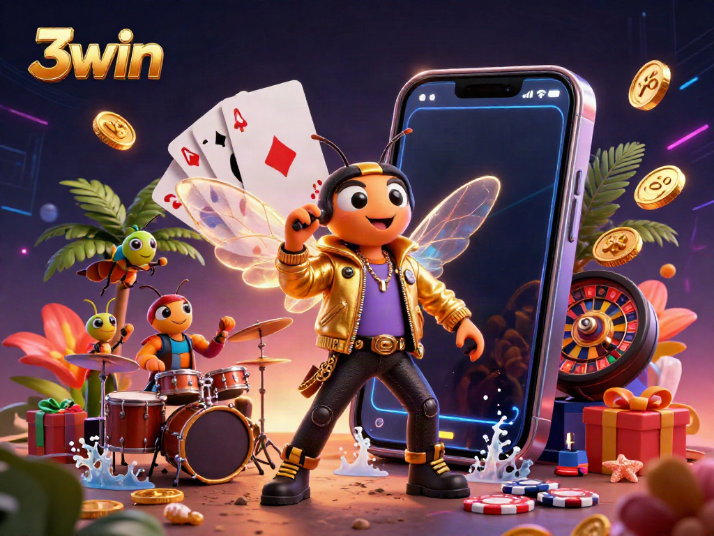 Experience energetic gameplay at 3win with a vibrant scene featuring dynamic cartoon characters and casino elements.