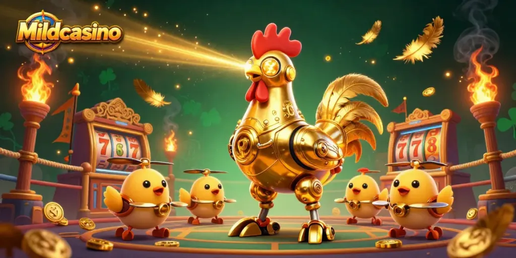 Mildcasino players experience thrilling gameplay with a golden rooster robot amidst casino elements.