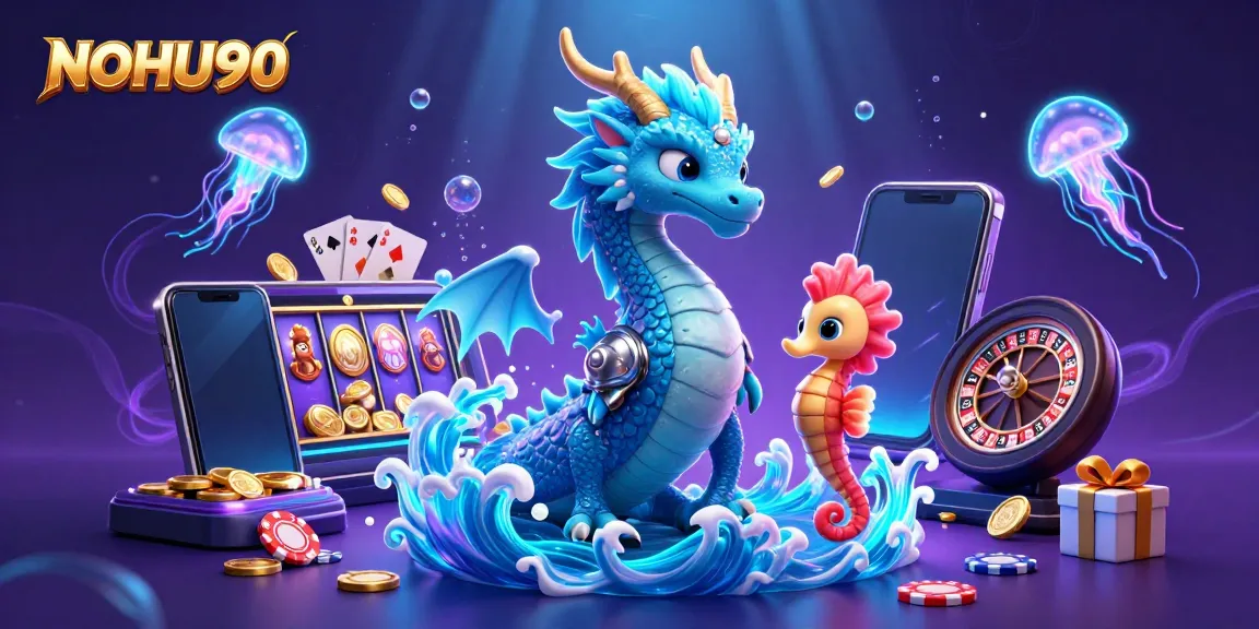 Engage with the vivid NOHU90 casino universe featuring a majestic ocean dragon, seahorse knight, and vibrant slot game elements.