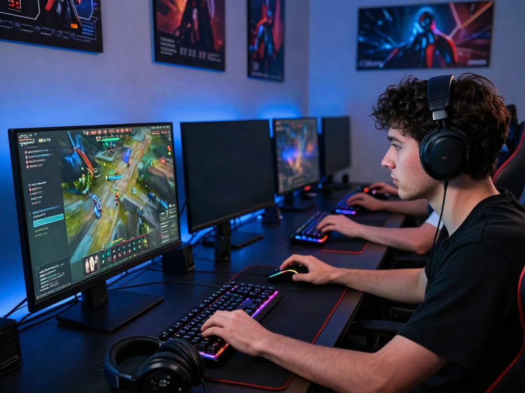 Player engaged with qqmacan gaming setup, vibrant screens and RGB gear.