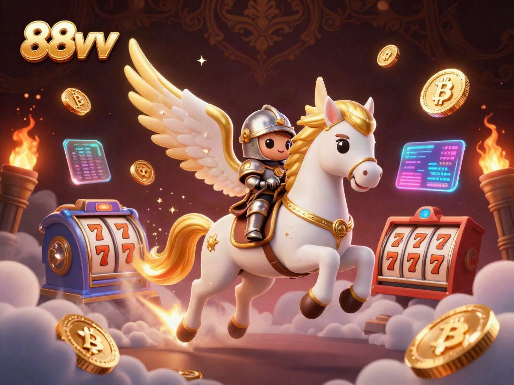 Experience thrilling gameplay at 88vv with 3D casino characters amidst vibrant slot reels and crypto elements.