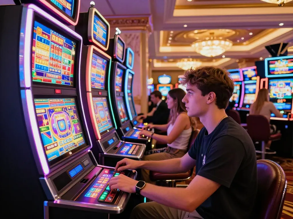 A young player enjoying akunjp slot machines in a vibrant casino atmosphere