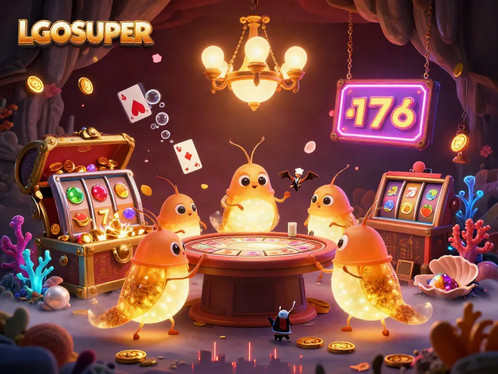 Engage with LGOSUPER's thrilling slot gaming scene, featuring glowworms, gold coins, and illuminated elements.
