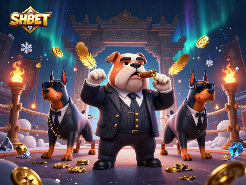 Engage with SHBET's vibrant gaming scene featuring a bulldog boss and Doberman bodyguards in a dynamic casino atmosphere.