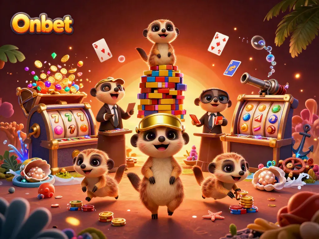 Onbet gaming scene with meerkats as dealers in an elaborate casino operation.