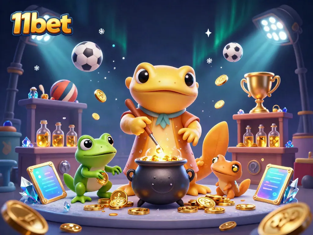 Experience the excitement of betting with 11bet through a vibrant 3D illustration featuring alchemical transformations and sports elements.