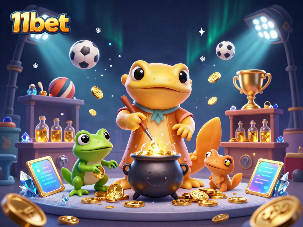 Experience the excitement of betting with 11bet through a vibrant 3D illustration featuring alchemical transformations and sports elements.