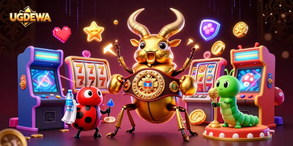 Experience the thrill of UGDEWA's games with a dynamic scene of lively characters and slot machines, showcasing surprises.