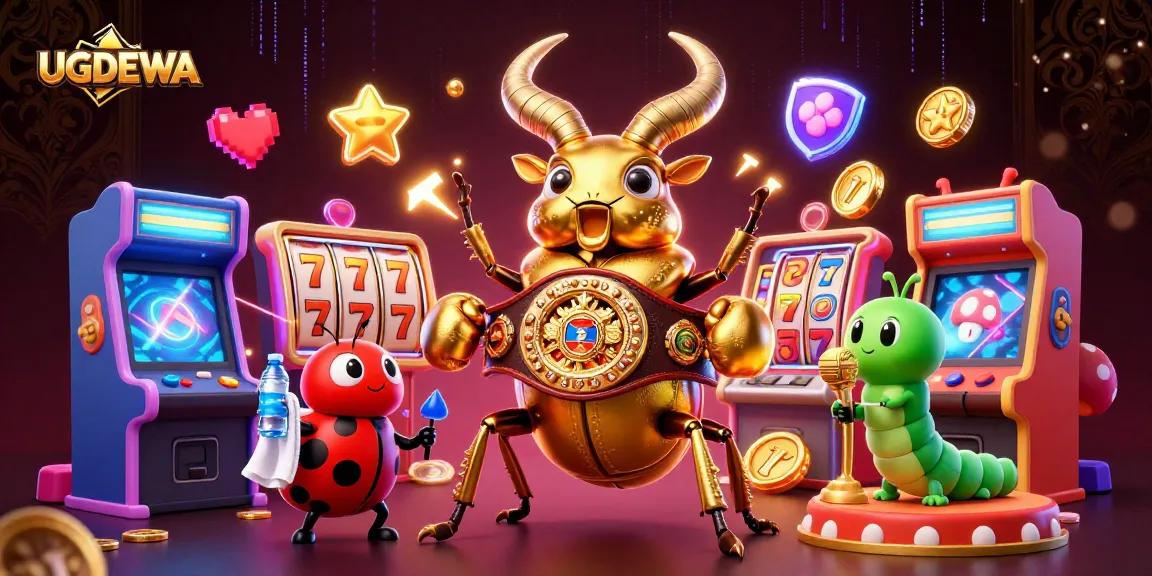 Experience the thrill of UGDEWA's games with a dynamic scene of lively characters and slot machines, showcasing surprises.