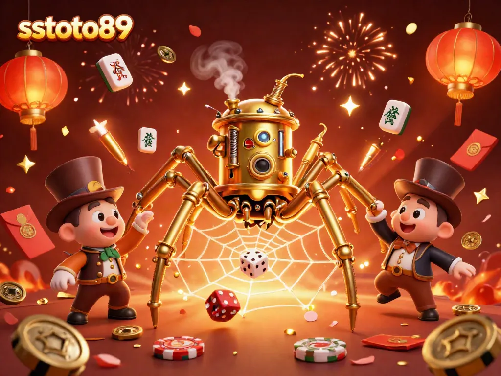 Menggoda keberuntungan di sstoto89 dengan ilustrasi kasino bertema steampunk, dikelilingi elemen glamor.