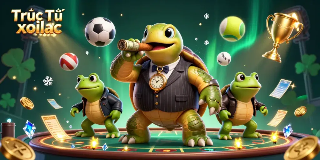Experience the thrill of Trực Tiếp xoilac with a vibrant 3D casino scene featuring massive turtle and bullfrogs.