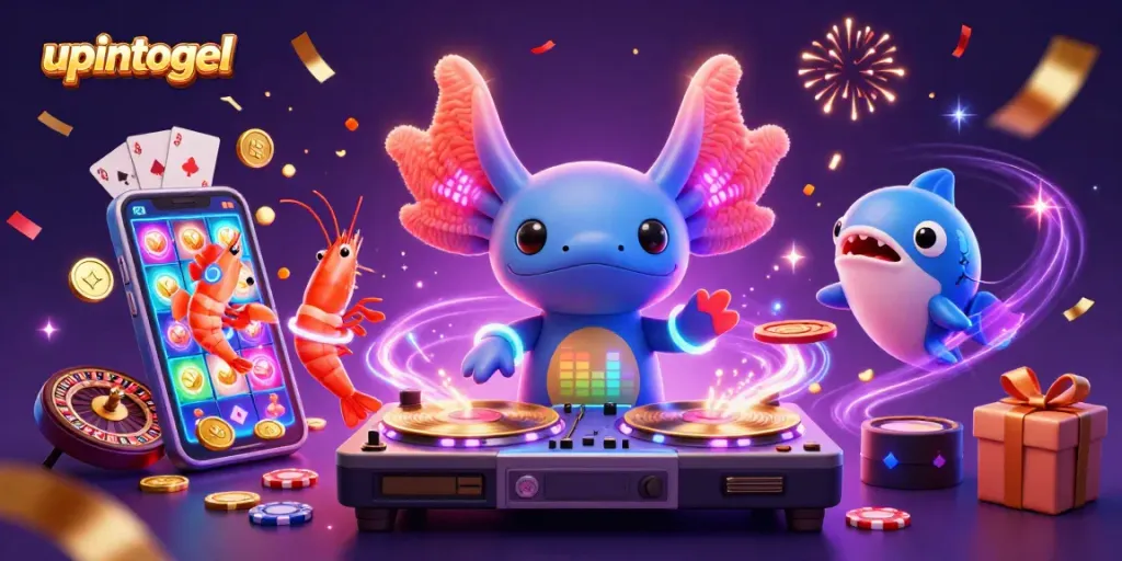 Menang di upintogel dengan slot online yang seru dan visual menakjubkan, saat DJ axolotl dan teman merayakan kemenangan.