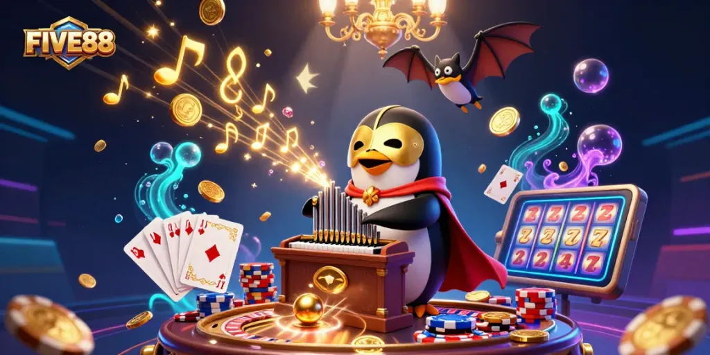 Win big at FIVE88 with an exciting scene of a 3D cartoon penguin playing an organ, amidst cascading coins and games.