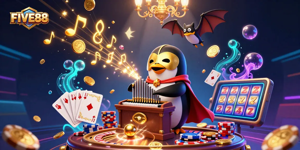 Win big at FIVE88 with an exciting scene of a 3D cartoon penguin playing an organ, amidst cascading coins and games.