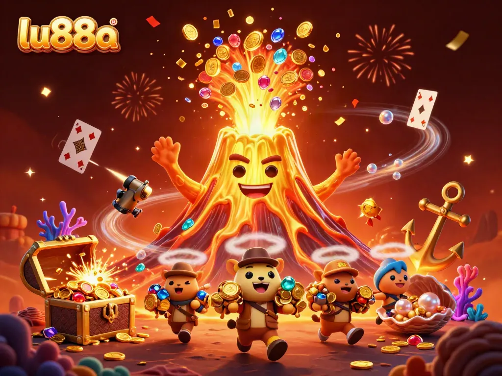 Join the excitement at lu88a with vibrant treasures pouring from a golden volcano surrounded by playful characters.