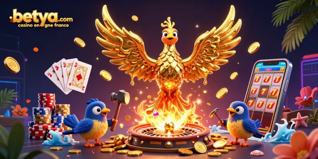 Experience betting at betya.com casino en ligne france, featuring a molten metal phoenix and vibrant game elements.