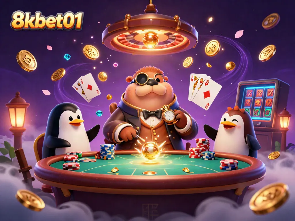 Experience high-stakes gaming at 8kbet01 with a lively underwater poker scene featuring a walrus, penguin dealer, and pufferfish player.