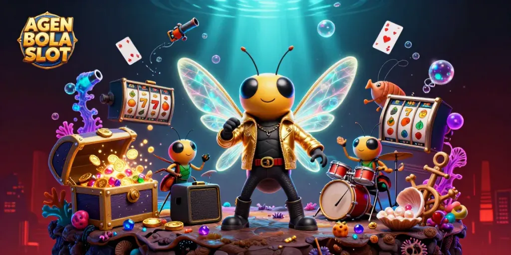 Experience the excitement of AGEN BOLA SLOT with vibrant and dynamic casino elements in an engaging scene.