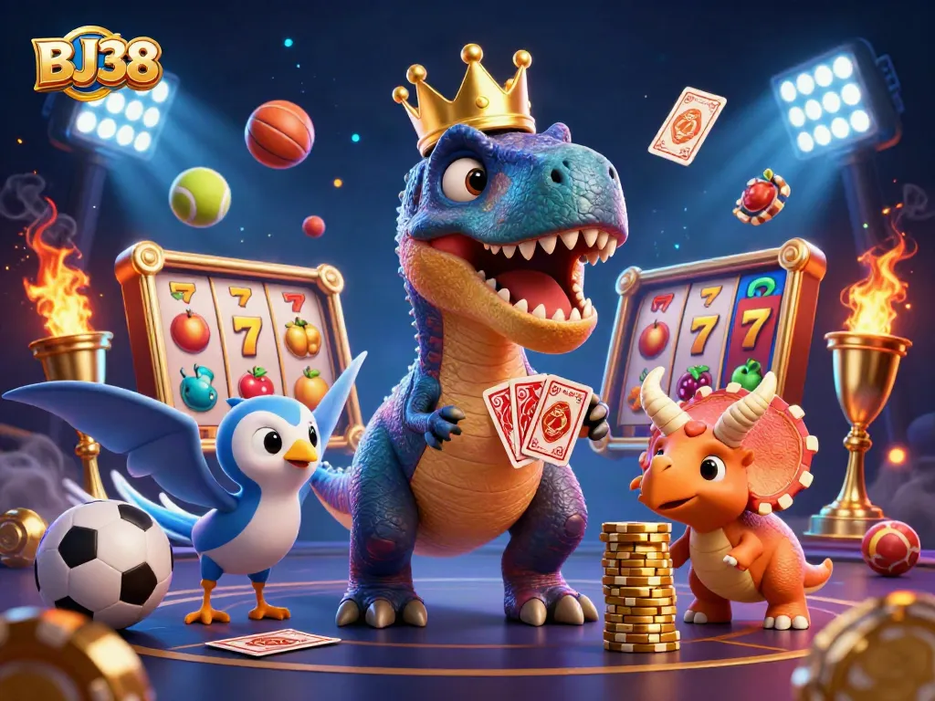 Engage with BJ38's thrilling casino atmosphere as a T-Rex shuffles cards amidst vibrant slot elements.